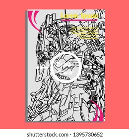 Vector illustration. Mecha sacred geometry. Mecha mock-up isolated design. For t-shirt design, poster, sticker. Line Style. - Vector