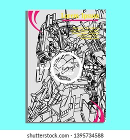 Vector illustration. Mecha sacred geometry. Mecha mock-up isolated design. For t-shirt design, poster, sticker. Line Style. - Vector