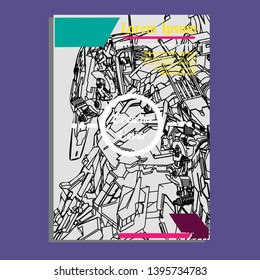 Vector illustration. Mecha sacred geometry. Mecha mock-up isolated design. For t-shirt design, poster, sticker. Line Style. - Vector