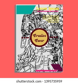 Vector illustration. Mecha sacred geometry. Mecha mock-up isolated design. For t-shirt design, poster, sticker. Line Style. - Vector