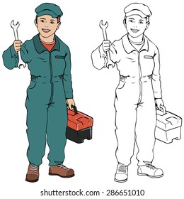 Vector illustration, mechanic boy, coloring drawing, card concept, white background.