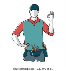 Vector illustration of mechanic builder with ok sign ready to repairing