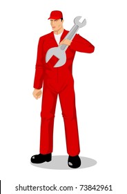 Vector illustration of a mechanic holding a giant wrench
