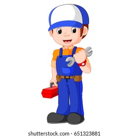 vector illustration of mechanic holding utility box