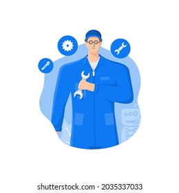 vector illustration of a mechanic holding a wrench tool to provide technical services in a half body style