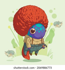 Vector illustration of mechanic, repairman or plumber character. Cute axolotl with red afro haircut wearing a shirt and trousers with suspenders, holding a wrench and keeping a hummer in his pocket