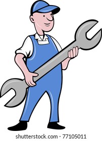 vector illustration of a mechanic with spanner wrench standing front view isolated on white background done in cartoon style