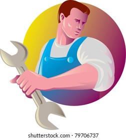 vector illustration of a mechanic tradesman worker holding a spanner wrench looking to the side set inside a circle on isolated background