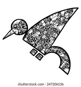 vector - illustration mechanical bird, simple shape, installation, equipment, technical, wing, fly