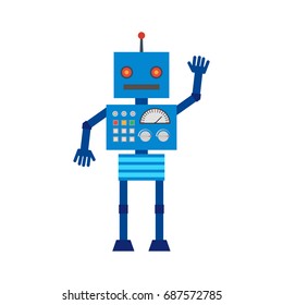 Vector illustration. Mechanical cartoon blue robot with the control panel waving hand. Colorful icon in the flat style.