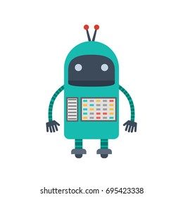 Vector illustration. Mechanical cartoon green robot with the control panel. Colorful icon in the flat style.