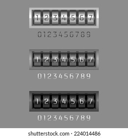 Vector illustration of mechanical counter. To set numbers that you need on display just replace it with the number from the set beneath the counter.