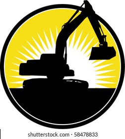 vector illustration of a Mechanical Digger with sunburst in background