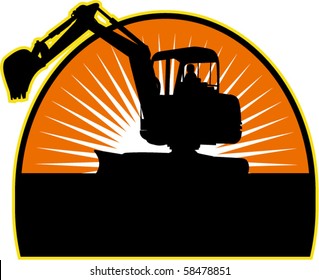 vector illustration of a Mechanical Digger with sunburst in background