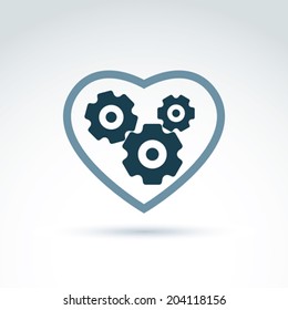 Vector illustration of a mechanical heart. Love machine icon. Gears and moving parts placed in a heart.