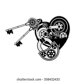 vector illustration of a mechanical heart made of metal parts on a white background