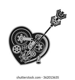 vector illustration of a mechanical heart made of metal parts on a white background