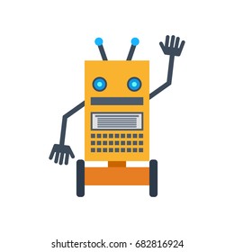 Vector illustration. A mechanical smiling cartoon robot waving hand. Colorful icon in the flat style.