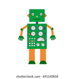 Vector illustration. Mechanical smiling cartoon green robot with the control panel. Colorful icon in the flat style.