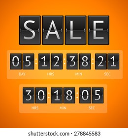 Vector illustration. Mechanical timtable sale. The concept of the countdown isolated on a orange background. 