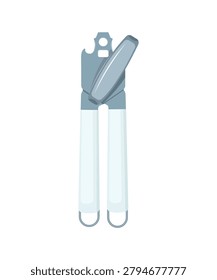 Vector illustration of a mechanical tin opener. Kitchen handheld cutting tool with a rotating butterfly knob and white plastic handles isolated on a white background.