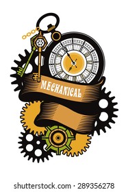 vector illustration of a mechanical watch with banners in the style of steam punk
