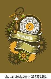 vector illustration of a mechanical watch with banners in the style of steam punk