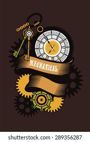 vector illustration of a mechanical watch with banners in the style of steam punk
