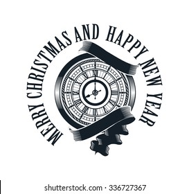 vector illustration mechanical watches greetings Christmas and New Year in black and white
