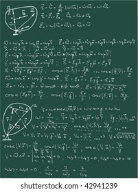 Vector illustration of Mechanics and mathematics formulas with green background. Seamless vector wallpaper.