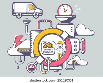 Vector illustration of mechanism 24 hours express delivery and relevant icons on gray background. Line art design for web, site, advertising, banner, poster, board and print.