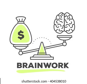Vector illustration of mechanism to compare value of brainwork and money on scales on white background with text. Draw line art style monochrome design with green color for web, site, banner, print.
