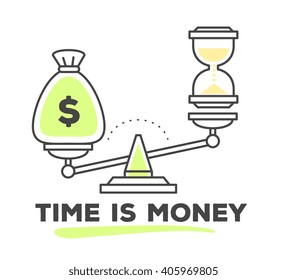 Vector illustration of mechanism to compare value of money and time on scales on white background. Draw flat thin line art style monochrome design with green and yellow colors for web, site, print.