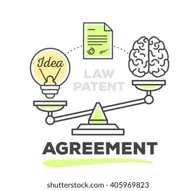 Vector illustration of mechanism to compare value of brain work and idea on scales with document on white background with text. Draw flat thin line art style monochrome design with yellow color.