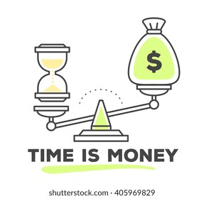 Vector illustration mechanism to compare value money   time scales white background  Draw flat thin line art style monochrome design and green   yellow colors for web site advertising