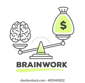 Vector illustration of mechanism to compare value of brain work and money on scales on white background. Draw flat thin line art style monochrome design with green color for web,site,advertising,print