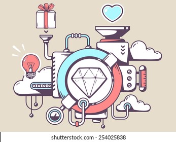 Vector illustration of mechanism with diamond and relevant icons on light background. Line art design for web, site, advertising, banner, poster, board and print.