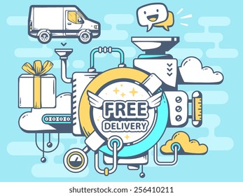 Vector illustration of mechanism free delivery and relevant icons on blue pattern background. Line art design for web, site, advertising, banner, poster, board and print.