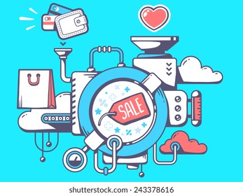 Vector illustration of mechanism with label sale and shopping icons on blue background. Line art design for web, site, advertising, banner, poster, board and print.