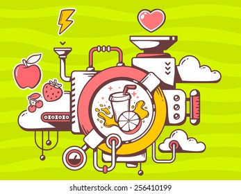 Vector illustration of mechanism to make fresh fruit juice and relevant icons on green background. Line art design for web, site, advertising, banner, poster, board and print.