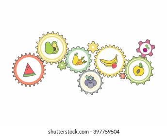 Vector illustration of mechanism to make fresh fruit juice and relevant icons on white pattern background. Line art design for web, site, advertising, banner, poster, board and print.