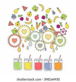 Vector illustration of mechanism to make fresh fruit juice and relevant icons on white pattern background. Line art design for web, site, advertising, banner, poster, board and print.