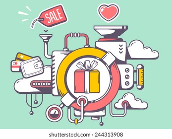 Vector illustration of mechanism to make gift box and relevant icons on green background. Line art design for web, site, advertising, banner, poster, board and print.