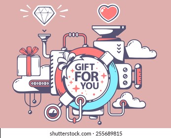 Vector illustration of mechanism to make gift and relevant icons on pink background. Line art design for web, site, advertising, banner, poster, board and print.