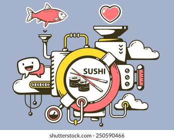 Vector illustration of mechanism to make sushi and relevant icons on gray background. Line art design for web, site, advertising, banner, poster, board and print.