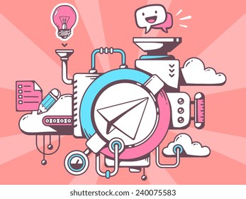 Vector illustration of mechanism with paper air plane and office icons on red background. Line art design for web, site, advertising, banner, poster, board and print.