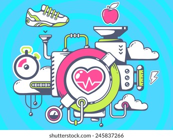 Vector illustration of mechanism to training heart and relevant icons on blue background. Line art design for web, site, advertising, banner, poster, board and print.