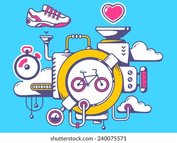 Vector illustration of mechanism to training on bike and sport icons on blue background. Line art design for web, site, advertising, banner, poster, board and print.