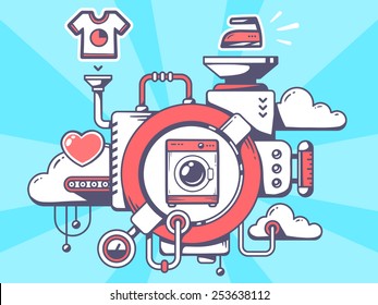 Vector illustration of mechanism with washing machine and relevant icons on blue background. Line art design for web, site, advertising, banner, poster, board and print.