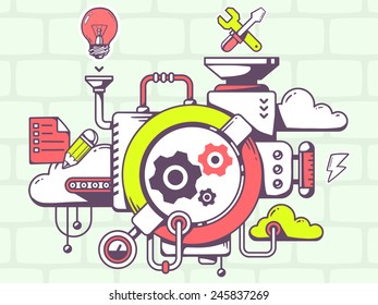 Vector illustration of mechanism to work gears and relevant icons on gray pattern background. Line art design for web, site, advertising, banner, poster, board and print.